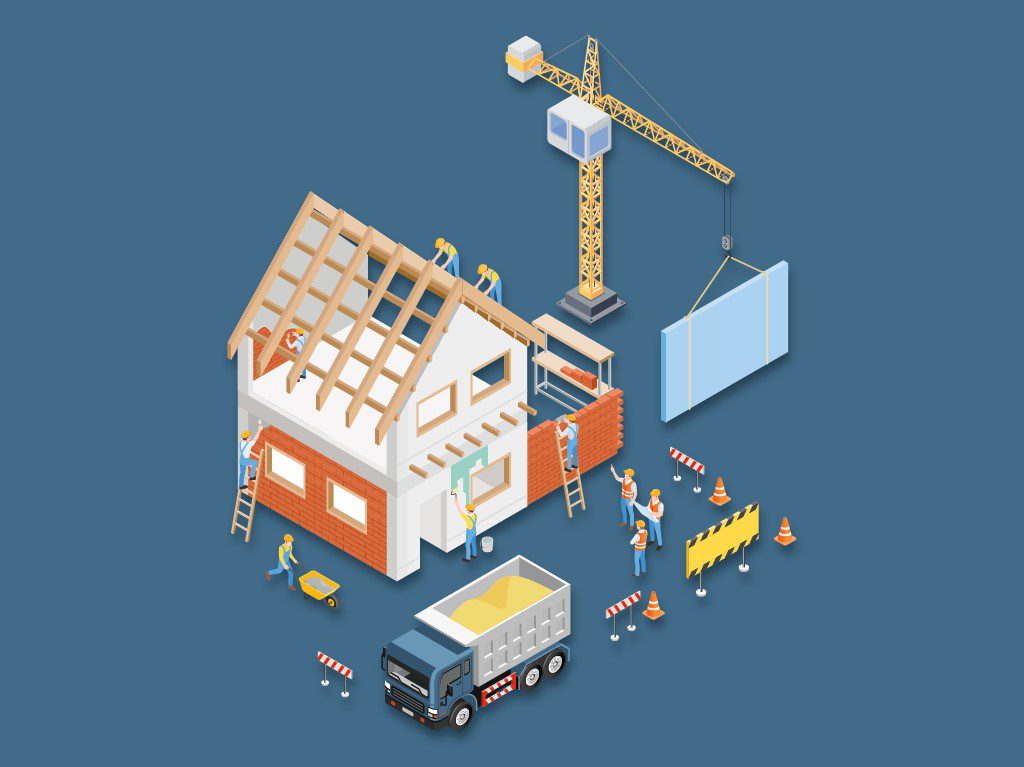 Illustration eines Bauvorhabens mit Arbeitern, die an einem Hausbau arbeiten